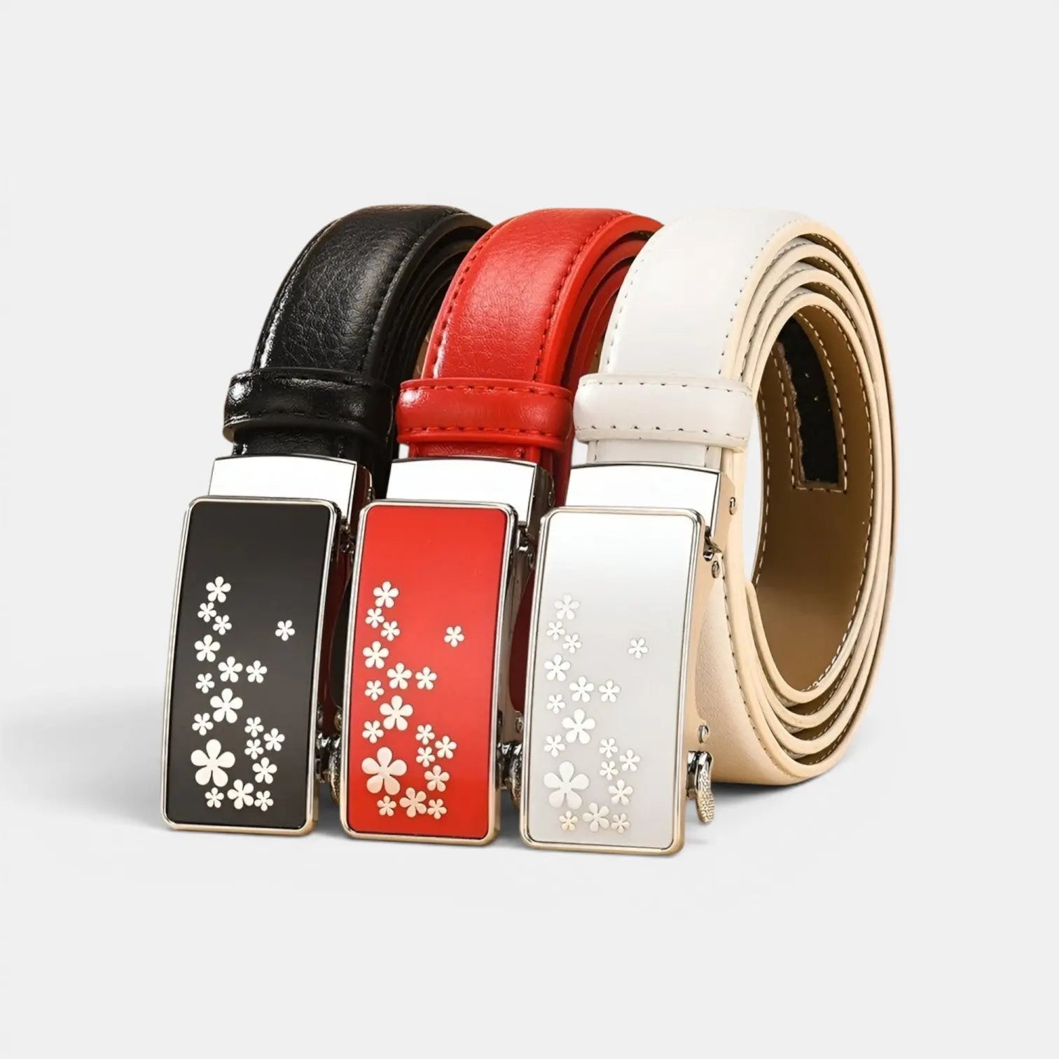 Ceinture Fine Cuir Automatique Boucle Fleurie Femme | Kelvax La Maison de la Ceinture