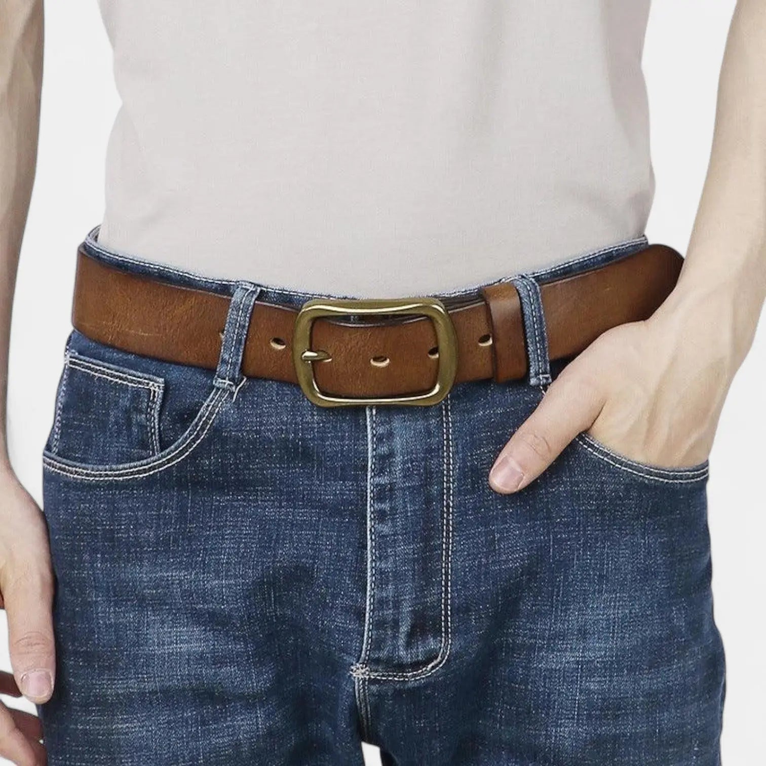 Ceinture Cuir Pleine Fleur Homme Casual Vintage Boucle Laiton | Halvex La Maison de la Ceinture