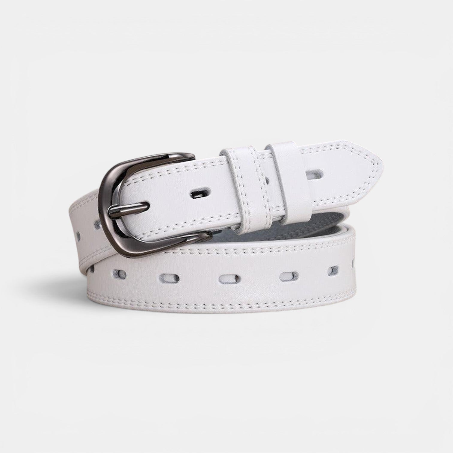 Ceinture Cuir Femme Boucle Arrondie Couture Blanche Marron | Nalvira