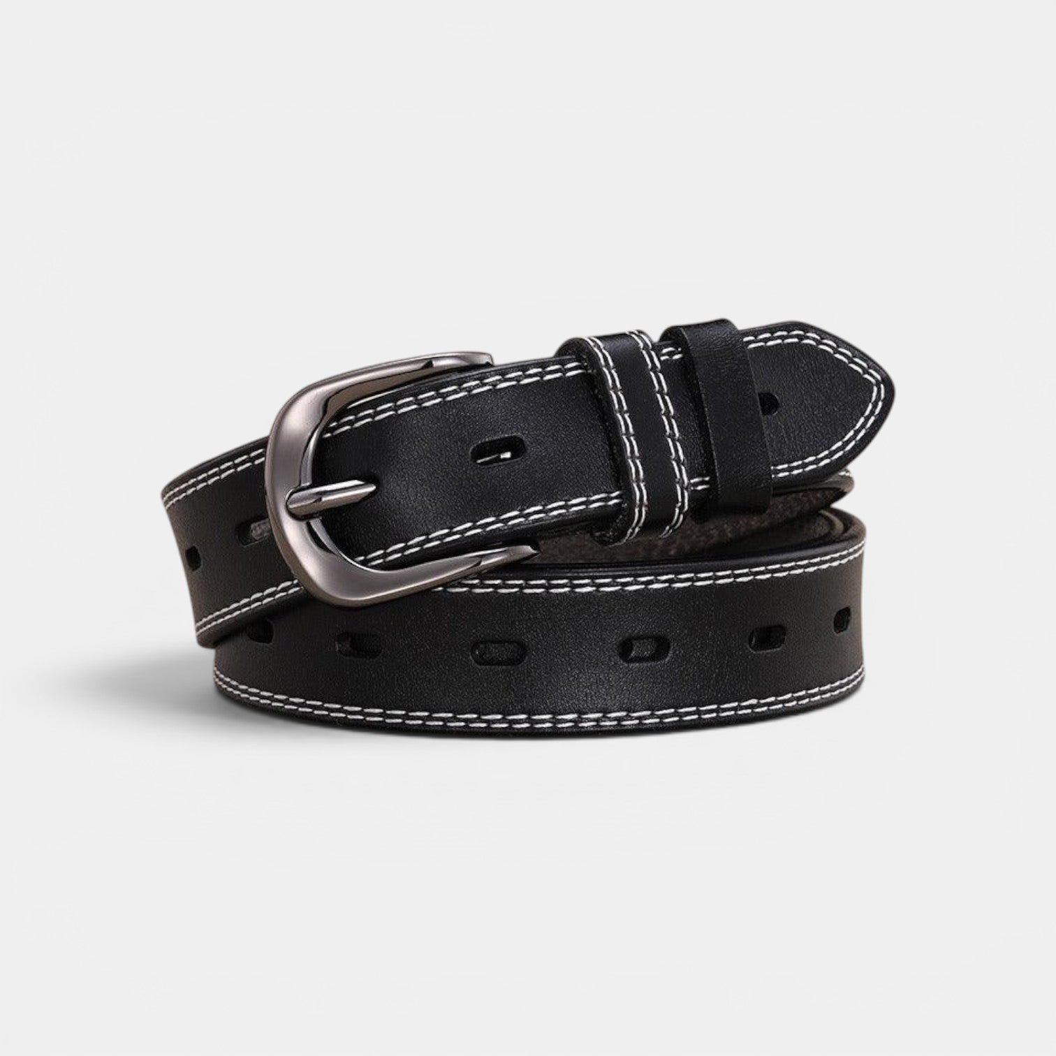 Ceinture Cuir Femme Boucle Arrondie Couture Blanche Marron | Nalvira