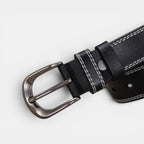 Ceinture Cuir Femme Boucle Arrondie Couture Blanche Marron | Nalvira