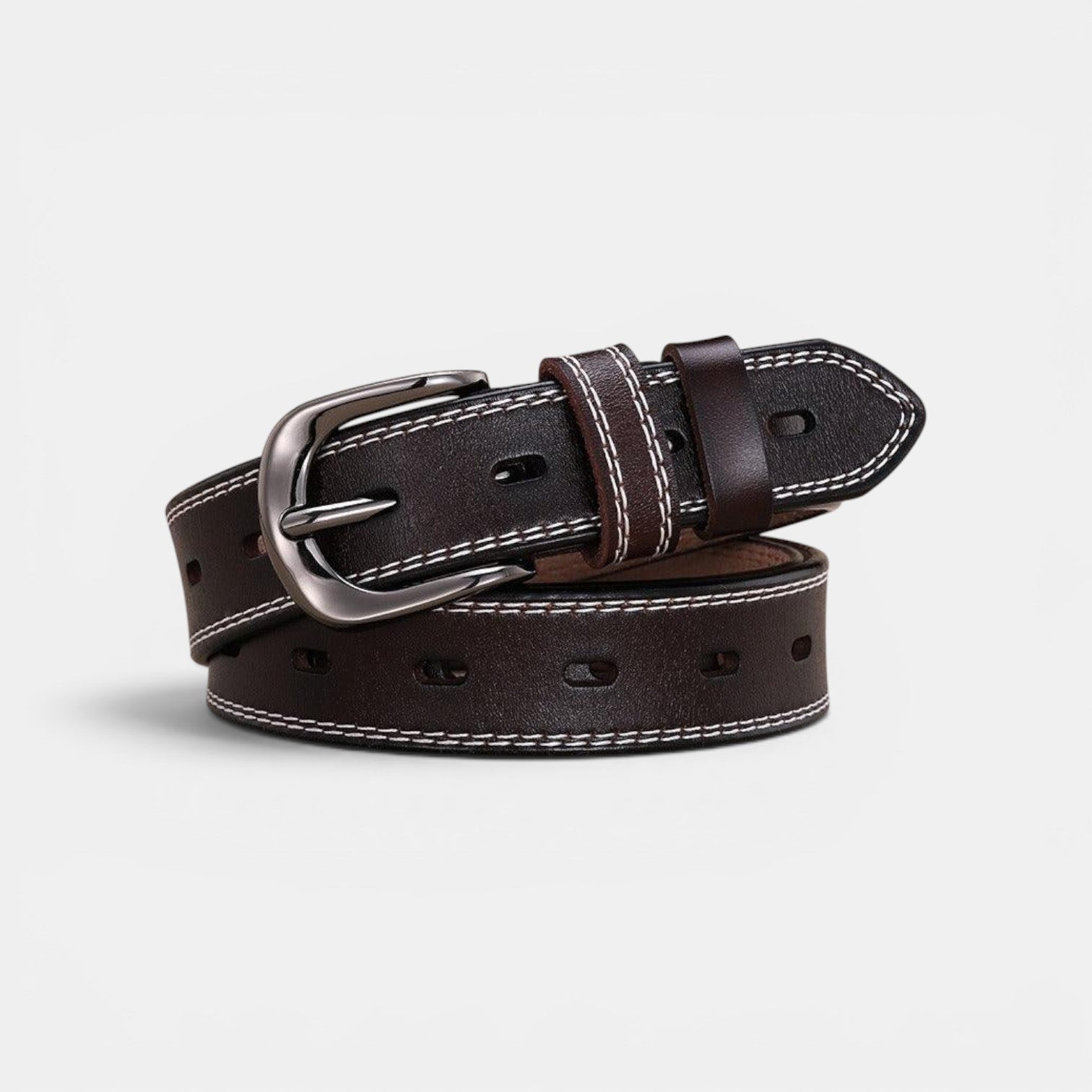 Ceinture Cuir Femme Boucle Arrondie Couture Blanche Marron | Nalvira
