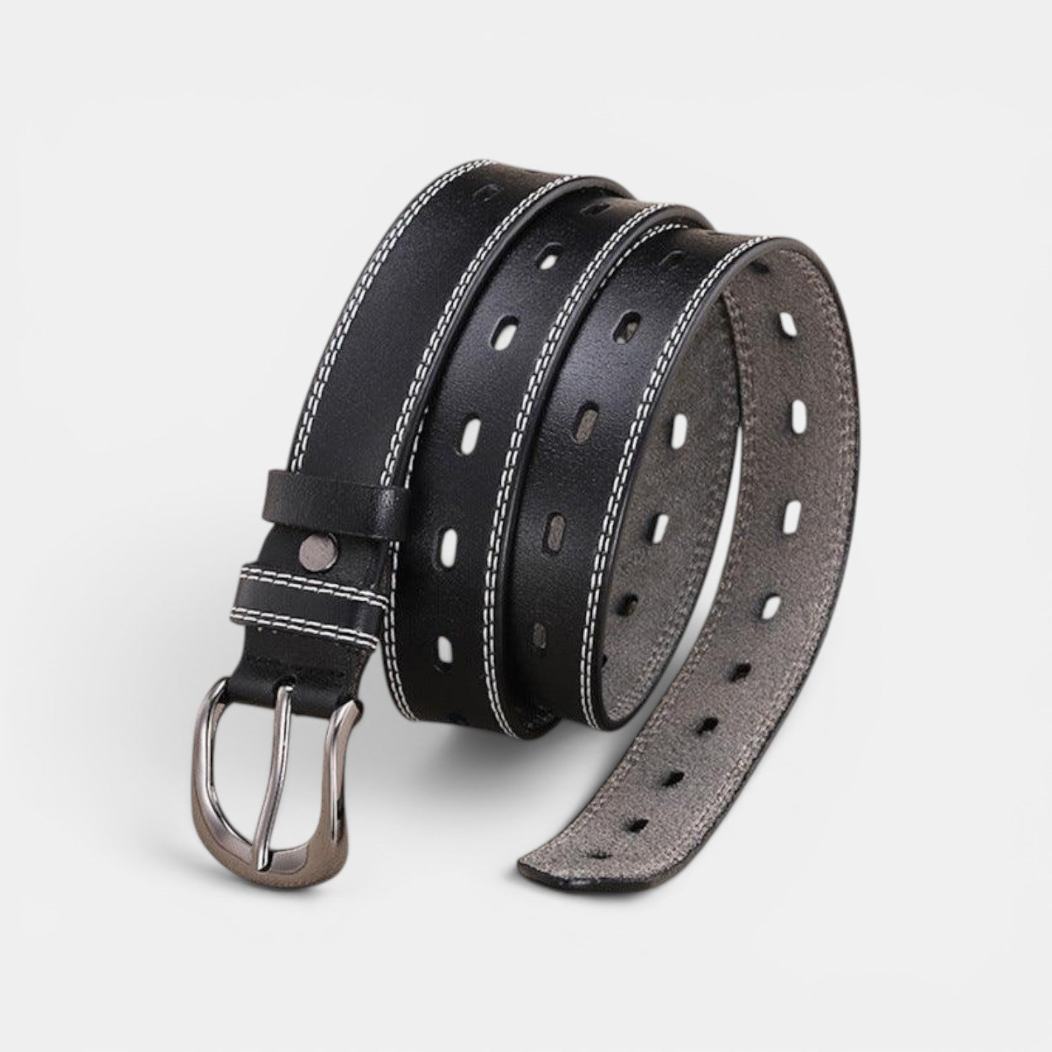 Ceinture Cuir Femme Boucle Arrondie Couture Blanche Marron | Nalvira