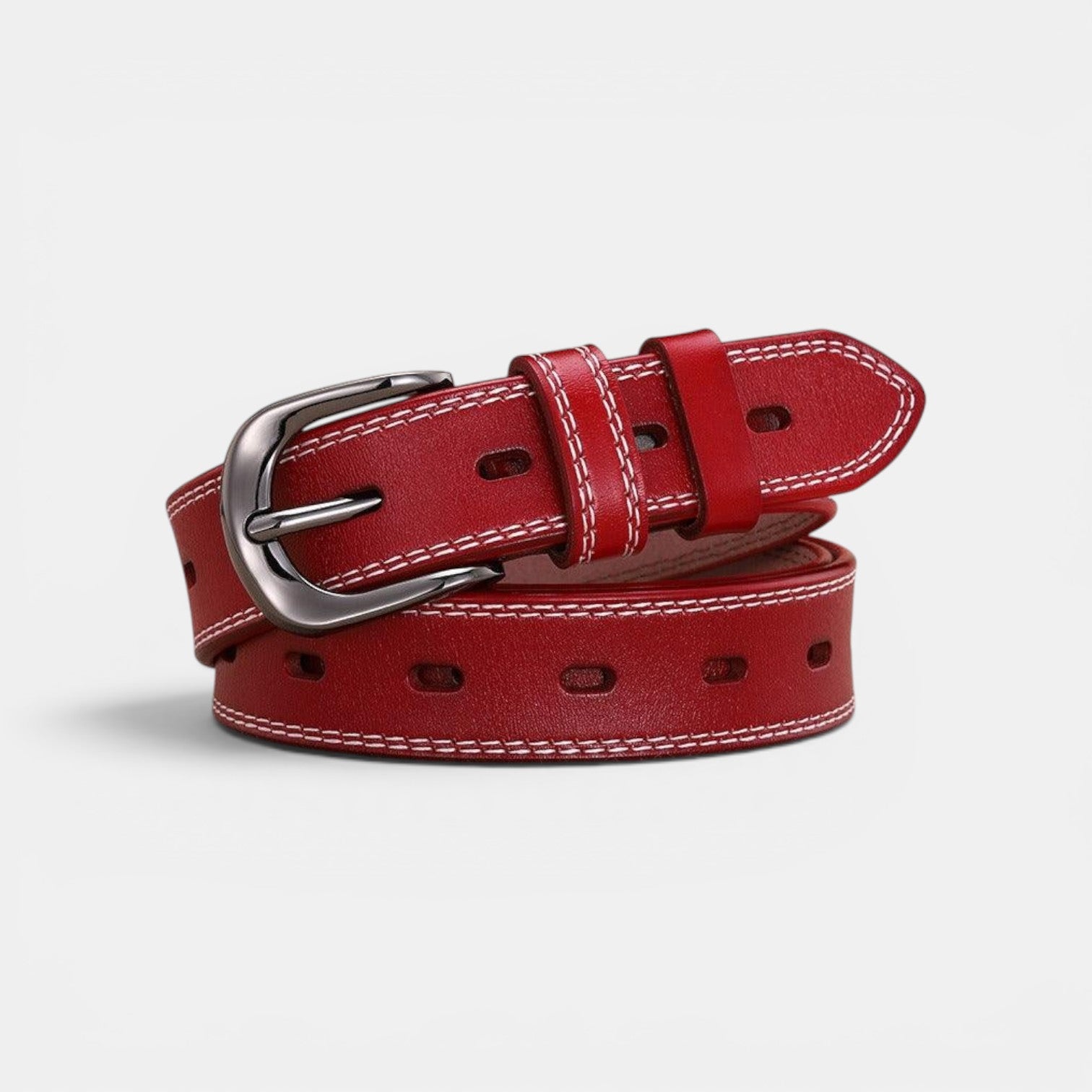 Ceinture Cuir Femme Boucle Arrondie Couture Blanche Marron | Nalvira