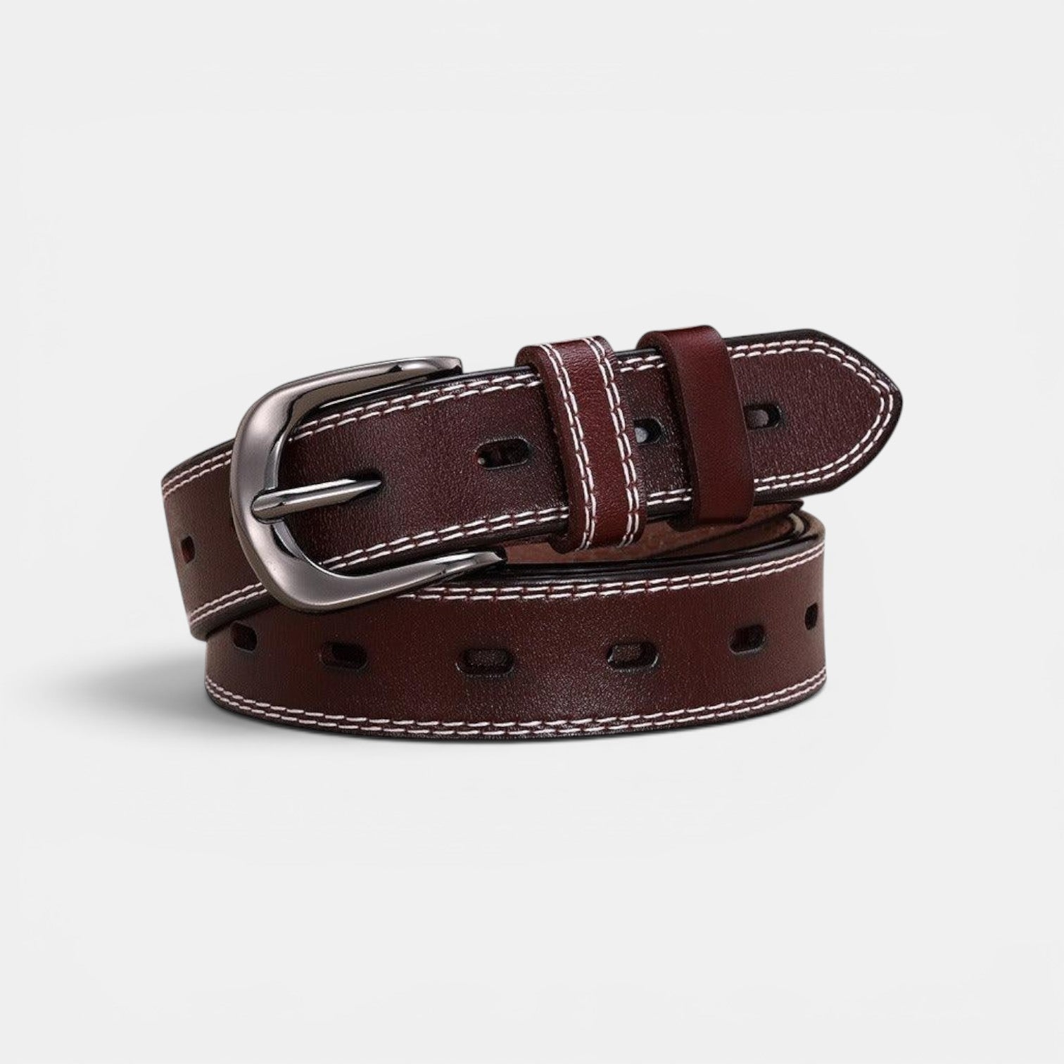 Ceinture Cuir Femme Boucle Arrondie Couture Blanche Marron | Nalvira
