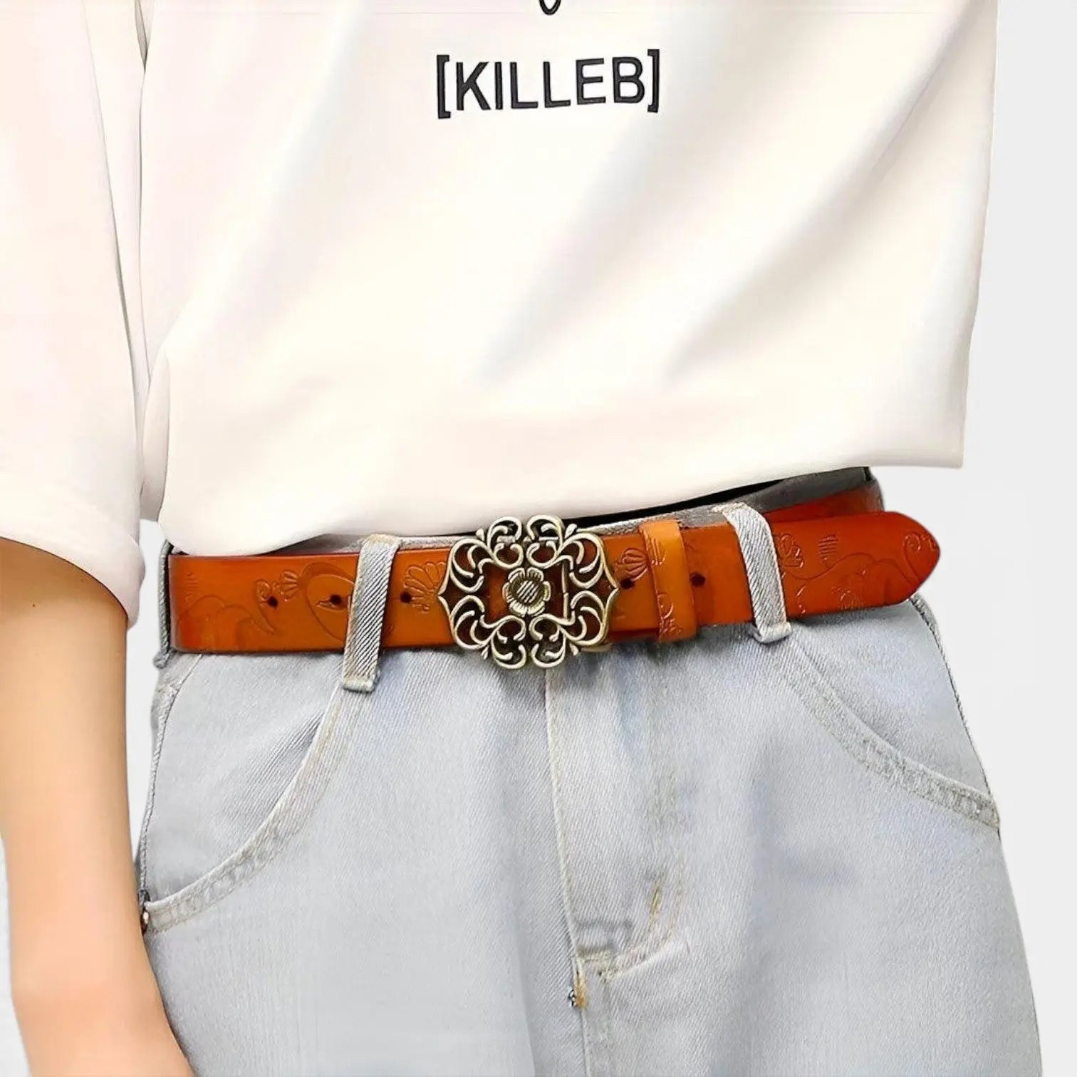 Ceinture Cuir Texturé Fantaisie Femme Boucle Dorée Florale | Florven La Maison de la Ceinture