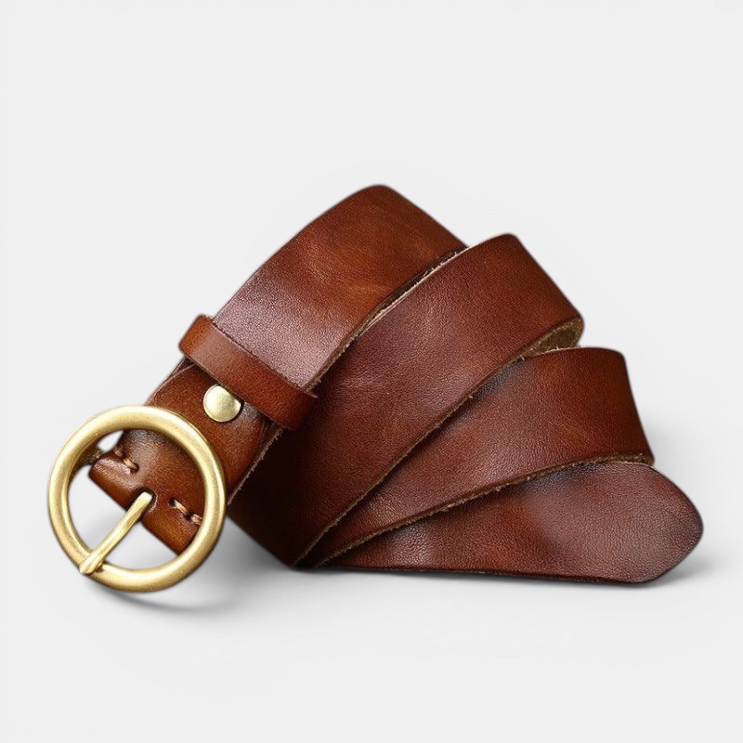 Ceinture Cuir Femme Boucle Ronde Laiton Cognac | Voranis