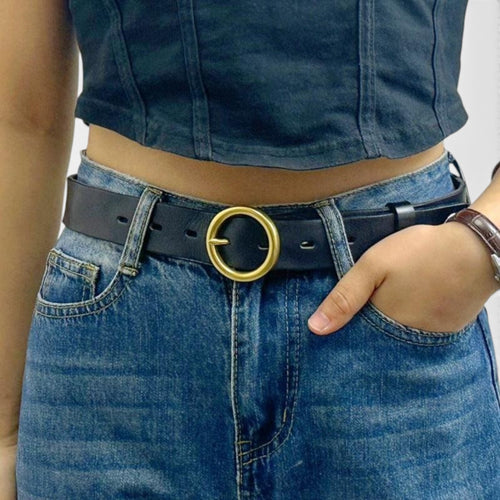 Ceinture Cuir Femme Boucle Ronde Laiton Cognac | Voranis