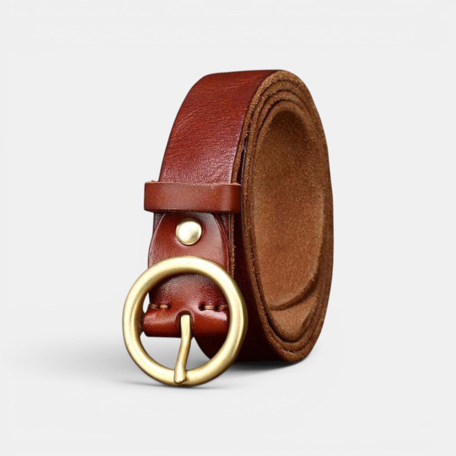 Ceinture Cuir Femme Boucle Ronde Laiton Cognac | Voranis
