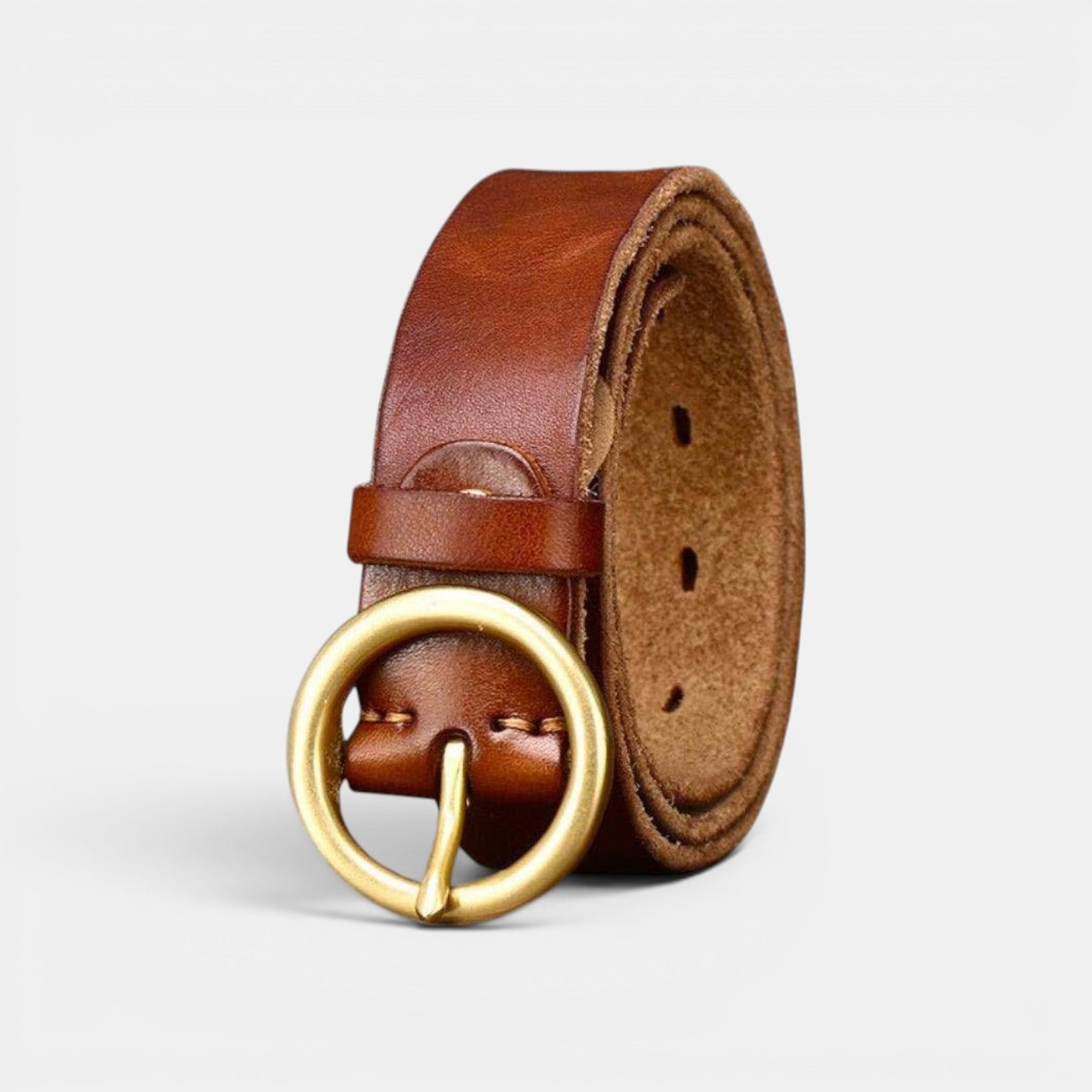 Ceinture Cuir Femme Boucle Ronde Laiton Cognac | Voranis
