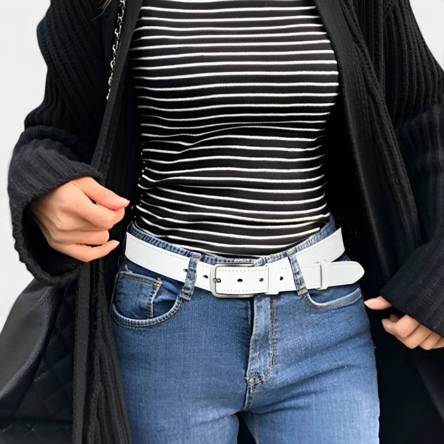 Ceinture Cuir Lisse Fine Couture Blanche Femme Boucle Ardillon | Nestax La Maison de la Ceinture