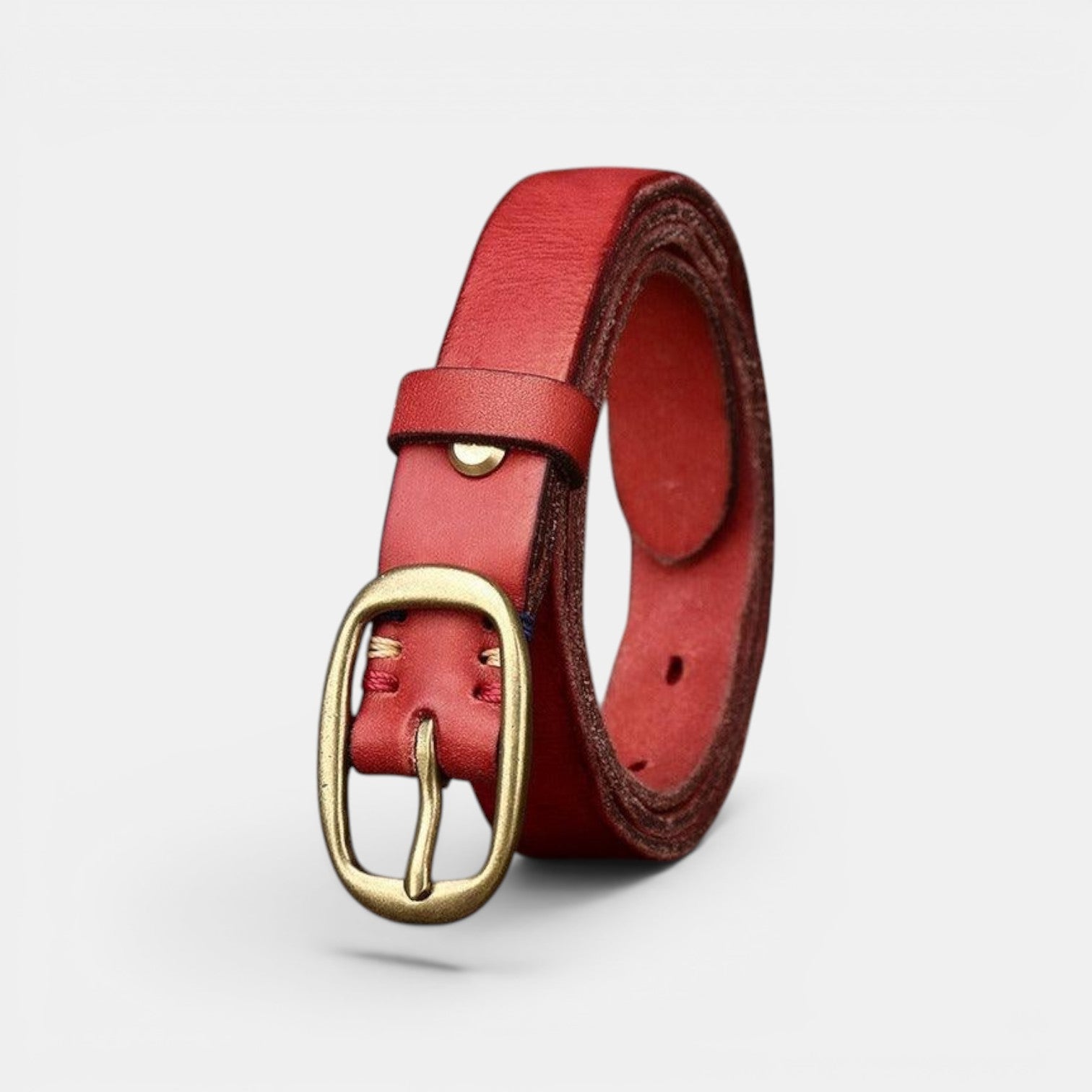 Ceinture Cuir Femme Pleine Fleur Boucle Laiton Rouge | Vamira