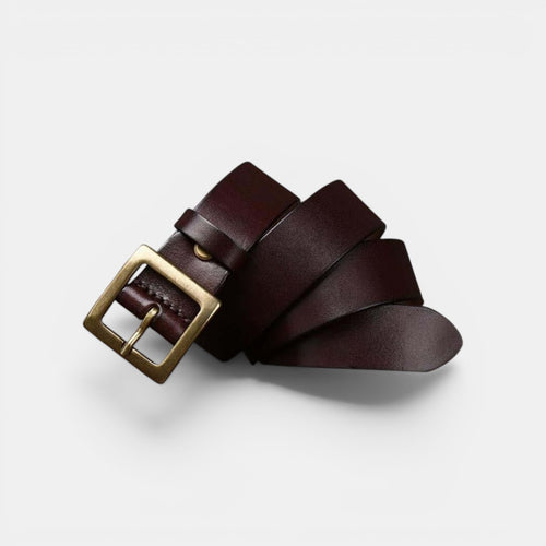 Ceinture Cuir Femme Boucle Carrée Dorée Marron | Vaskia