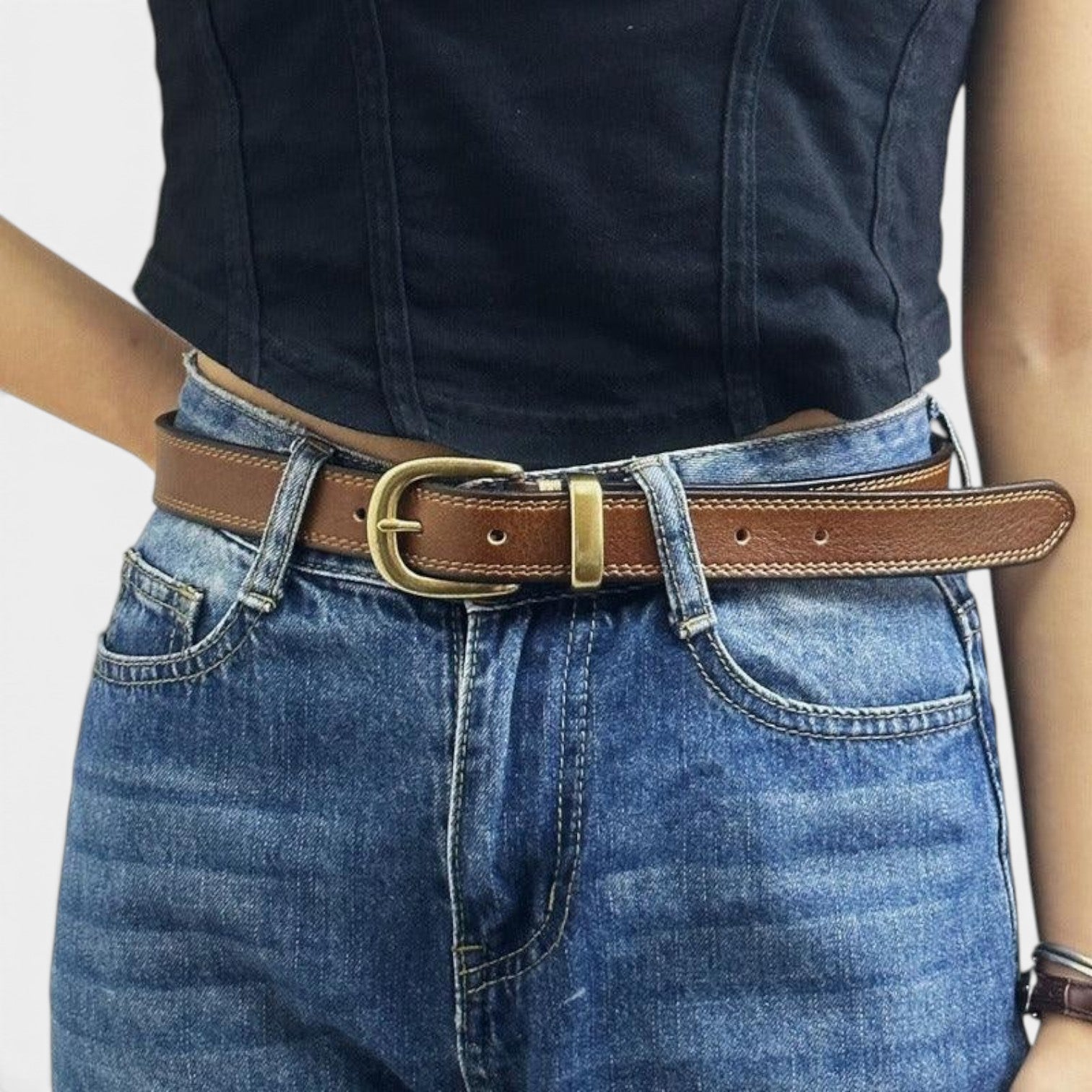 Ceinture Cuir Femme Boucle Arrondie Laiton Rouge | Elvara