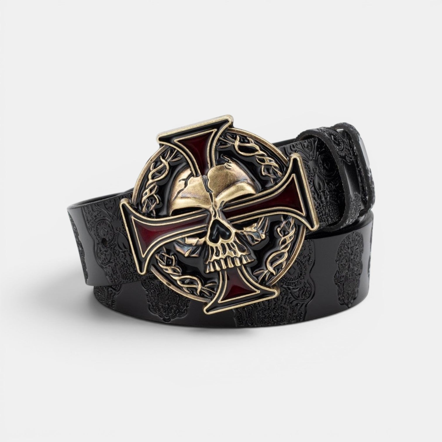 Ceinture Cuir Homme Texturé Boucle Tête de Mort Marron | Vroxan