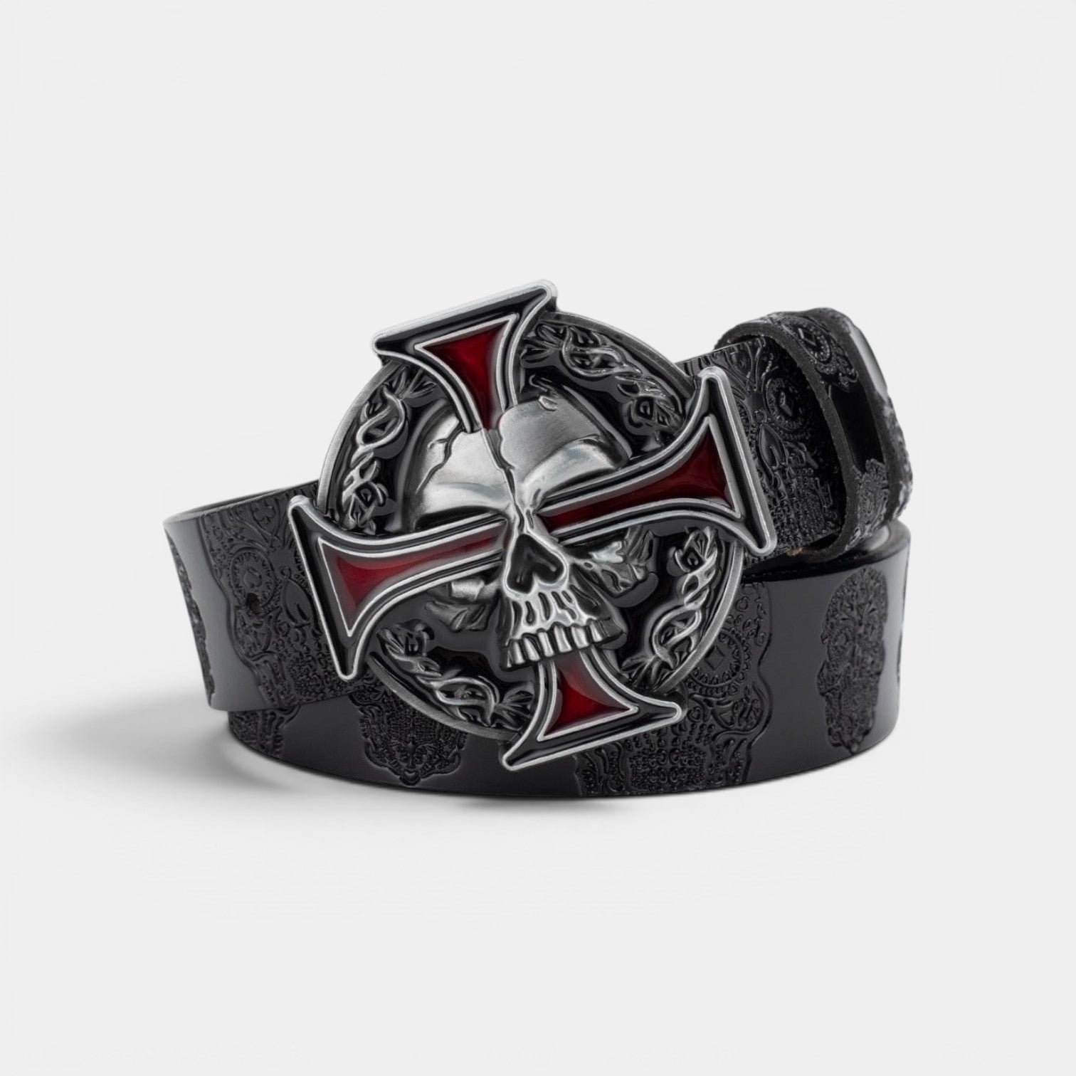 Ceinture Cuir Homme Texturé Boucle Tête de Mort Marron | Vroxan