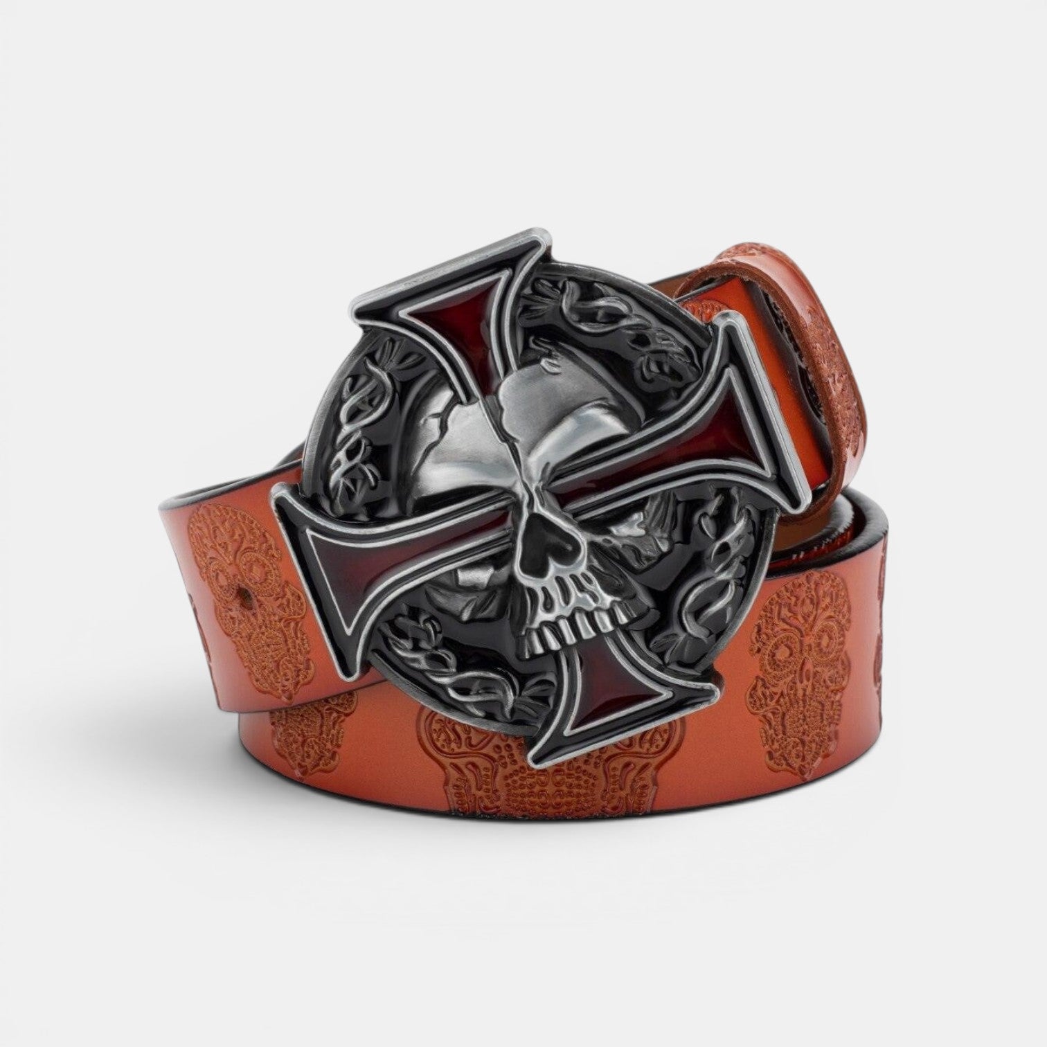Ceinture Cuir Homme Texturé Boucle Tête de Mort Marron | Vroxan