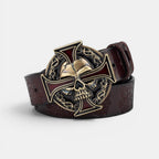 Ceinture Cuir Homme Texturé Boucle Tête de Mort Marron | Vroxan
