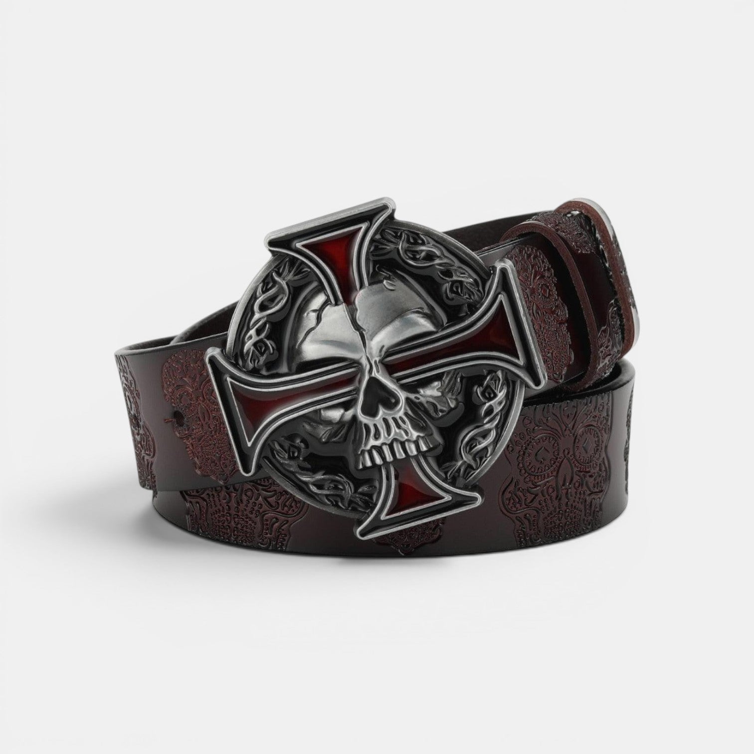 Ceinture Cuir Homme Texturé Boucle Tête de Mort Marron | Vroxan
