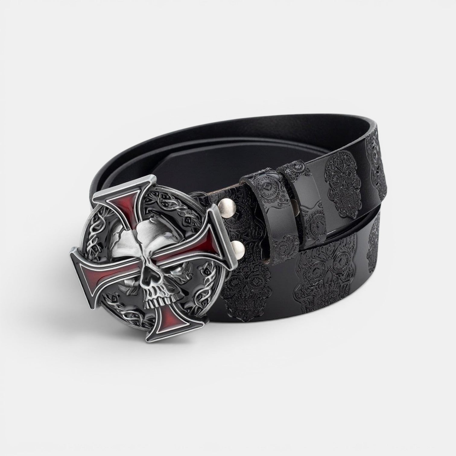 Ceinture Cuir Homme Texturé Boucle Tête de Mort Marron | Vroxan