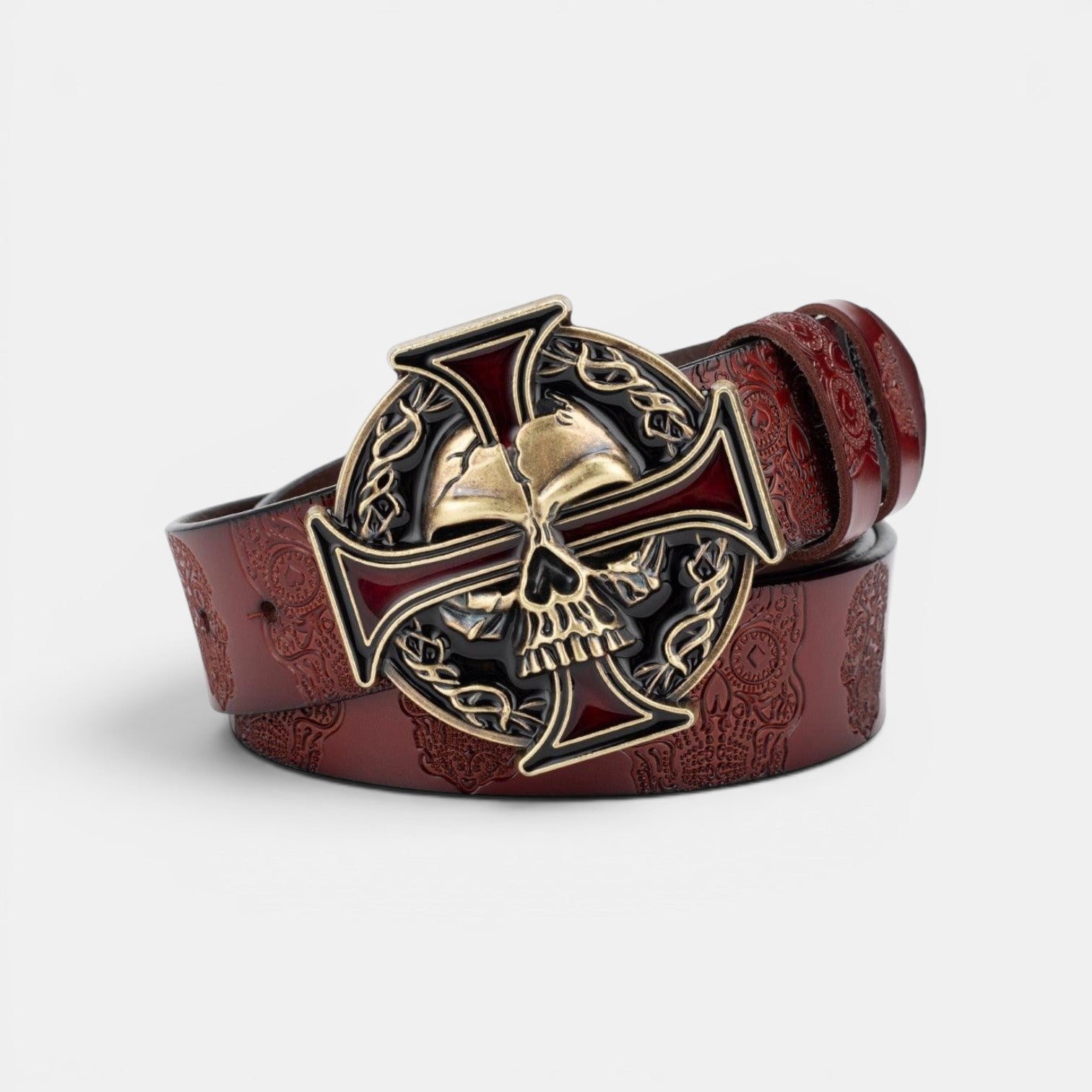 Ceinture Cuir Homme Texturé Boucle Tête de Mort Marron | Vroxan