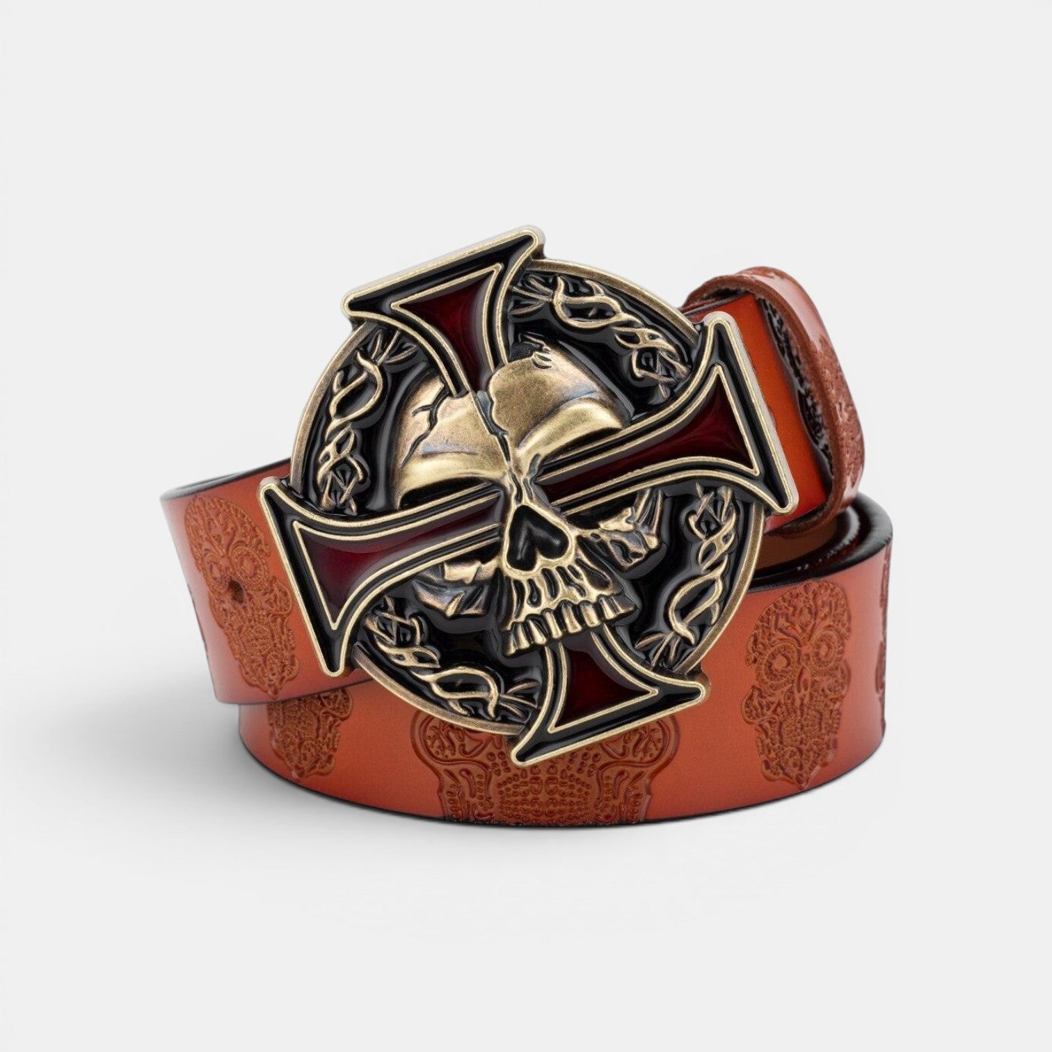 Ceinture Cuir Homme Texturé Boucle Tête de Mort Marron | Vroxan