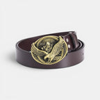 Ceinture en cuir café La Maison de la Ceinture avec une boucle western ovale en métal doré représentant un aigle