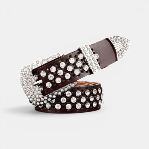 Ceinture La Maison de la Ceinture en cuir marron avec strass et boucle arrondie argentée
