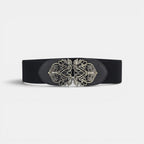 Ceinture élastique noire La Maison de la Ceinture avec boucle ovale dorée à motif floral pour femme