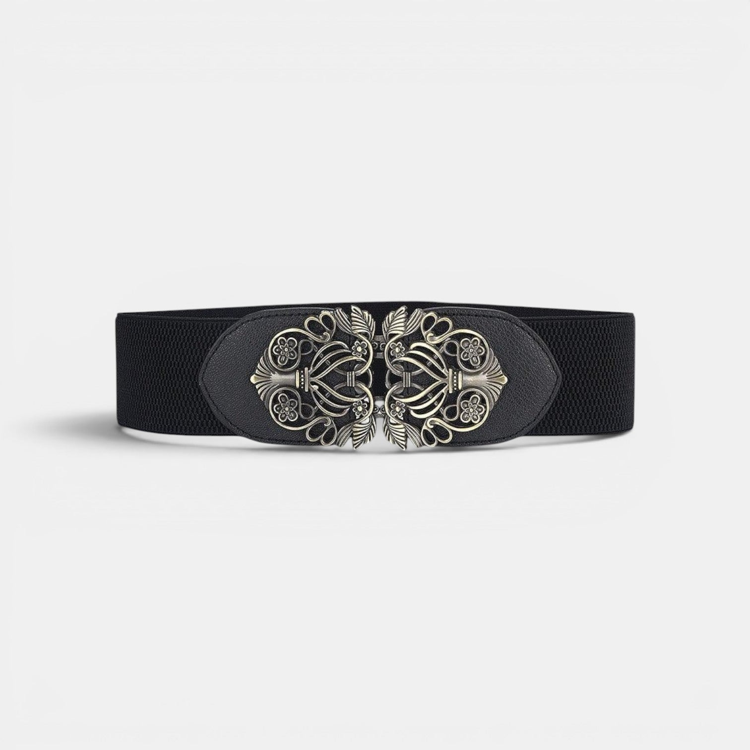 Ceinture élastique noire La Maison de la Ceinture avec boucle ovale dorée à motif floral pour femme