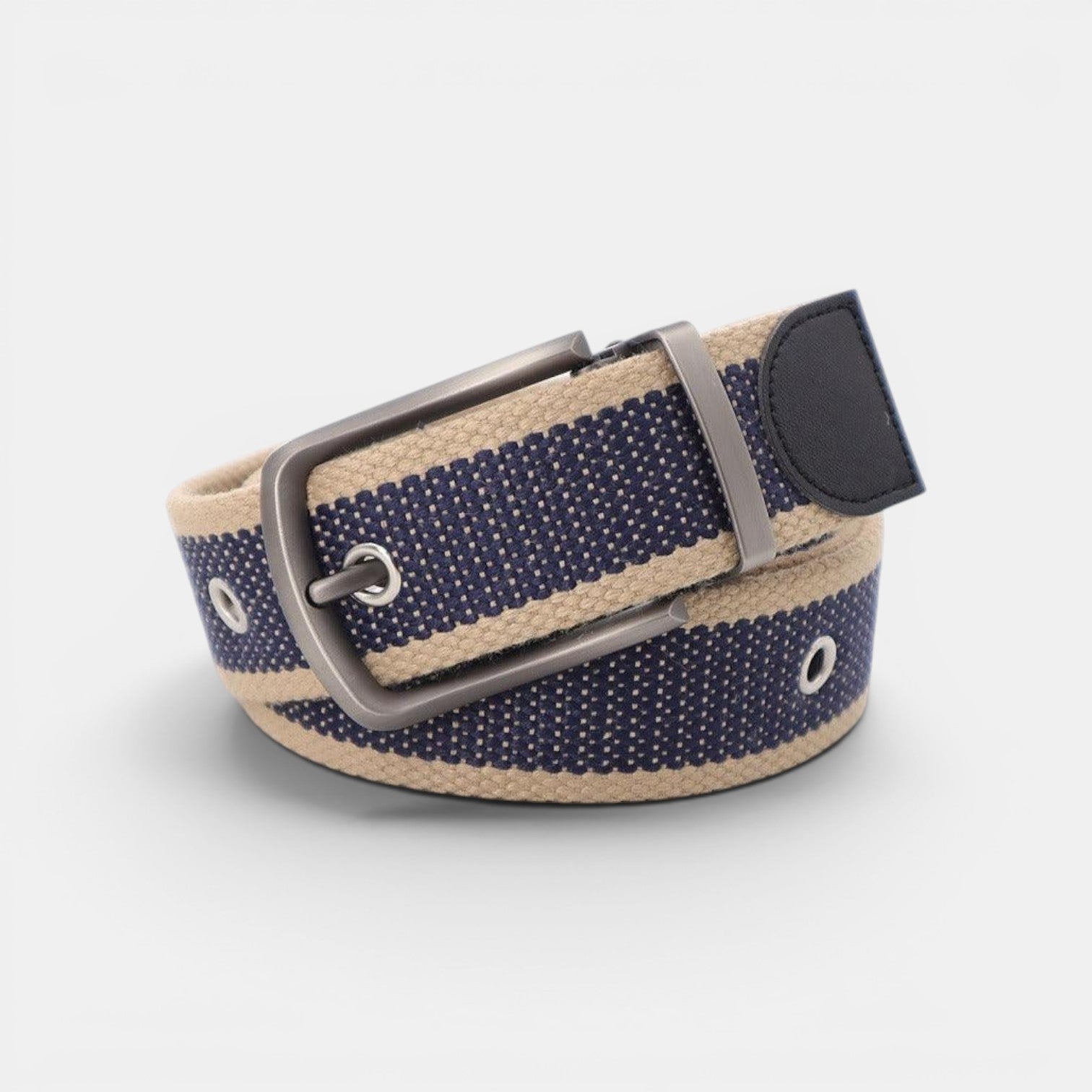 Ceinture en toile rayée bleu marine et beige La Maison de la Ceinture avec boucle ardillon rectangulaire argentée