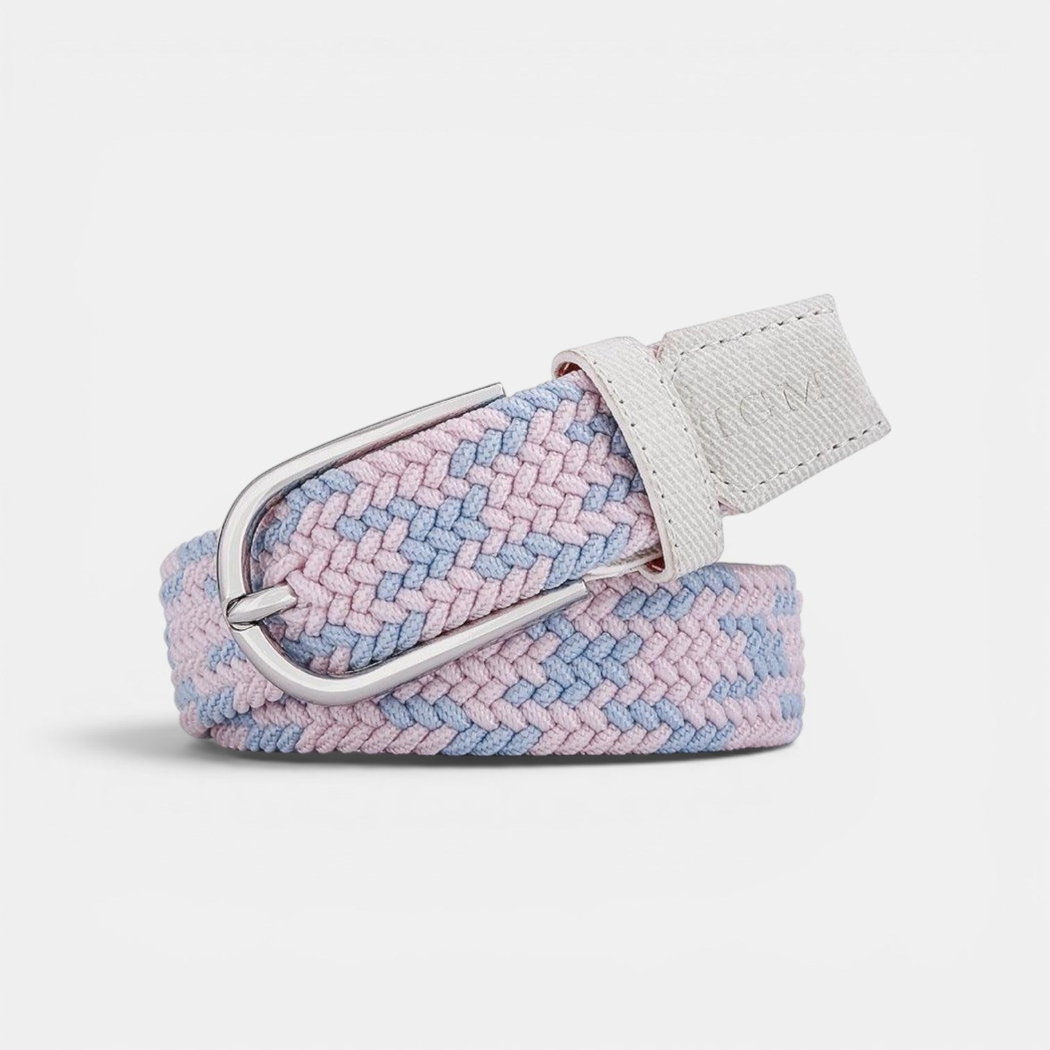 Ceinture tressée élastique La Maison de la Ceinture rose et bleue avec boucle arrondie argentée